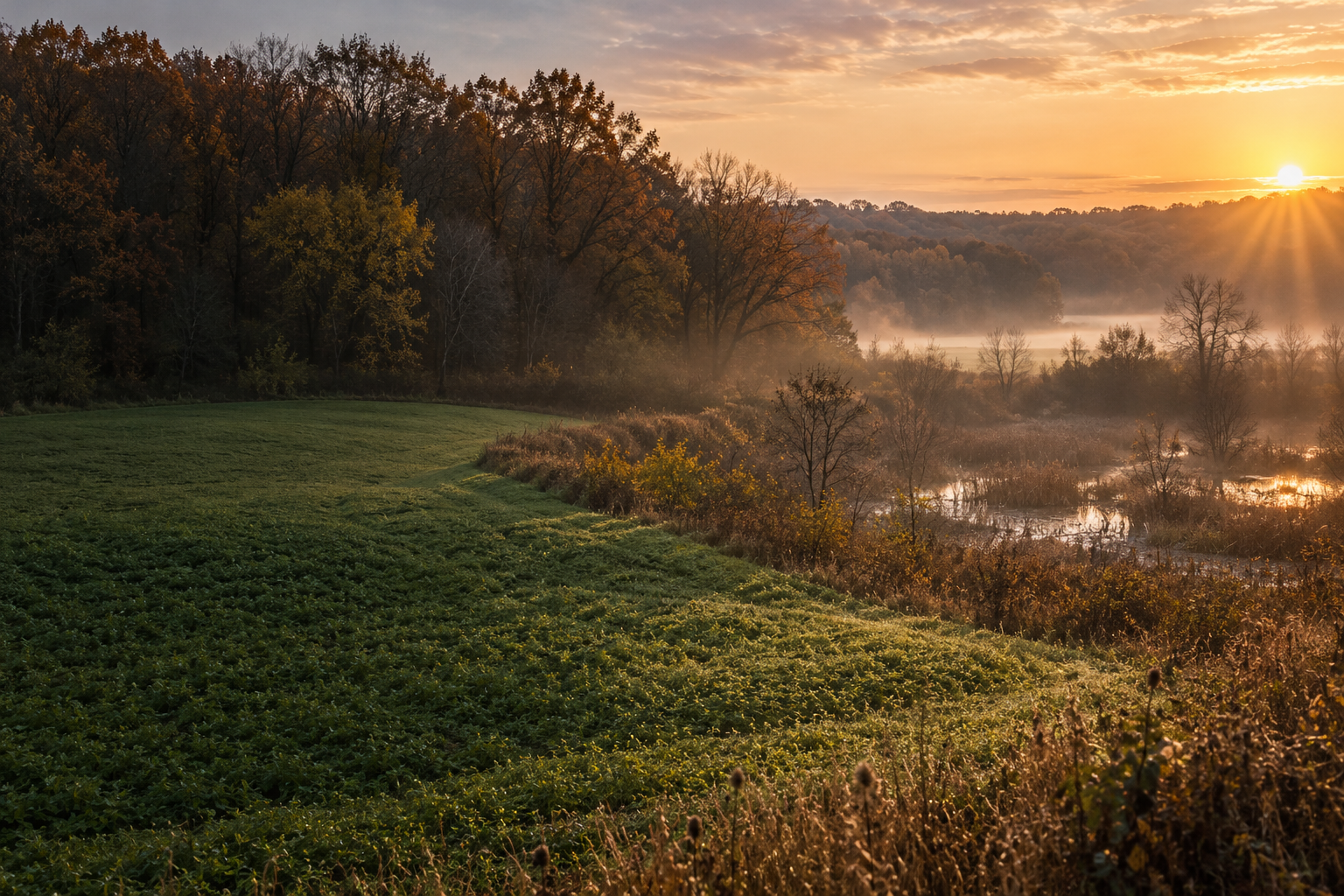 Illustrative landscape of a green opening, woodland edges and a wetland in warm morning light